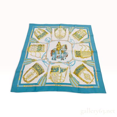 Sale Photo Thumbnail #164: Vintage Hermes Les Museirolles Teal Blue Silk Carre 90