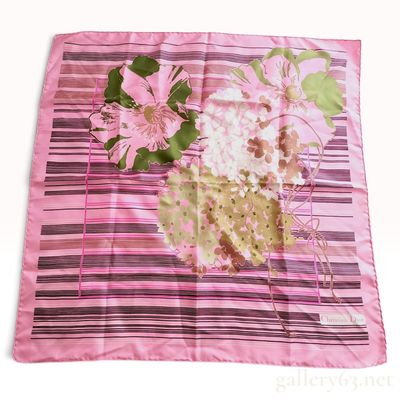 Sale Photo Thumbnail #61: Vintage Christian Dior Floral and Striped Pink Silk Scarf 80 cm