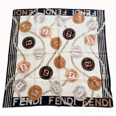 Sale Photo Thumbnail #240: Vintage Fendi Medallion Logo Cream and Brown Silk Scarf 66 cm