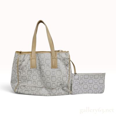 Sale Photo Thumbnail #368: A Vintage White Coated Canvas and Tan Leather Logo Print Tote Bag with Pouch