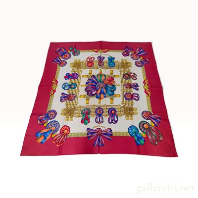 Sale Photo Thumbnail #248: Hermes Les Rubans du Cheval Red Silk Carre 90