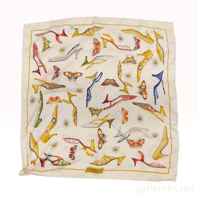 Sale Photo Thumbnail #347: Vintage Salvatore Ferragamo Shoe and Butterfly Motif Cream Silk Scarf 42 cm
