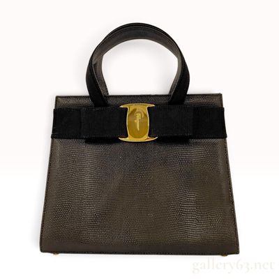 Sale Photo Thumbnail #385: Vintage Salvatore Ferragamo Vara Bow Black Lizard Embossed Leather Top Handle Bag