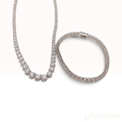 Sale Photo Thumbnail #91: Sterling Silver Round Brilliant Cut Stone Graduated Tennis Necklace and Bracelet Suite