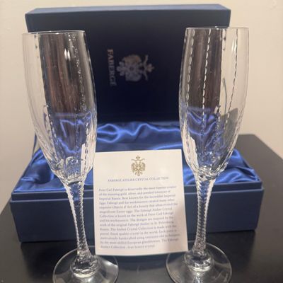 Sale Photo Thumbnail #408: FABERGE ATELIER CRYSTAL CHAMPAGNE FLUTES, PAIR, BOXED