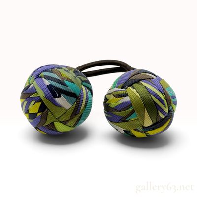 Sale Photo Thumbnail #276: A Pair of Hermes Pompon Abstract Multi-Color Silk Hair Ties with Box