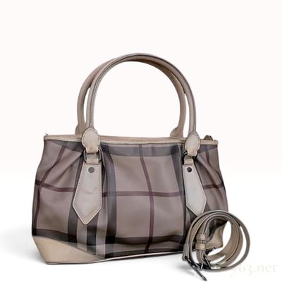 Sale Photo Thumbnail #595: Burberry Smoked Check Pleated Beige Coated Canvas Tote Bag with Detachable Strap