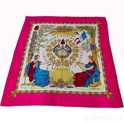 Sale Photo Thumbnail #156: Vintage Hermes Republique Francaise Liberte Egalite Fraternite Pink Silk Carre 90