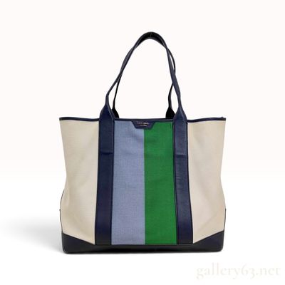 Sale Photo Thumbnail #620: Kate Spade Striped Canvas and Navy Blue Leather Large Tote Bag with Retail Tag