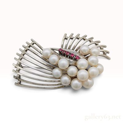Sale Photo Thumbnail #361: Sterling Silver 13 Cultured Pearl and Ruby Spray Brooch