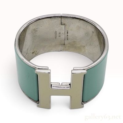 Sale Photo Thumbnail #495: Hermes Clic Clac H Extra Wide Teal Enamel Palladium Plated Bracelet with Box