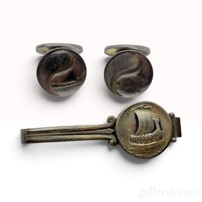 Sale Photo Thumbnail #250: Vintage Georg Jensen Viking Ship Sterling Silver Tie Clip and Cufflinks Trio