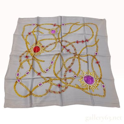 Sale Photo Thumbnail #437: Vintage Chopard Jewelry Motif Silver-Gray Silk Scarf 90cm