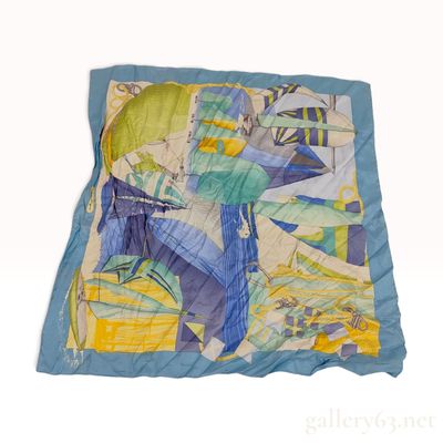 Sale Photo Thumbnail #66: Vintage Salvatore Ferragamo Nautical Sailing Motif Multicolor Silk Scarf 90cm