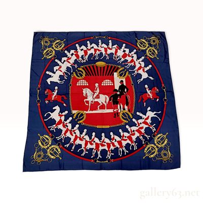 Sale Photo Thumbnail #556: Vintage Hermes Manege Navy and Red Silk Carre 90