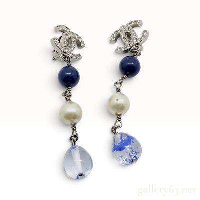Sale Photo Thumbnail #326: Vintage Chanel 11A Crystal Faux Pearl and Blue Glass CC Drop Earrings