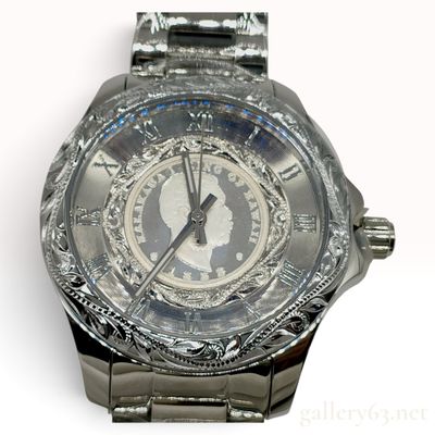 Sale Photo Thumbnail #263: Howard Miao King Kalakaua I Coin Engraved Stainless Steel Wristwatch 40.6mm