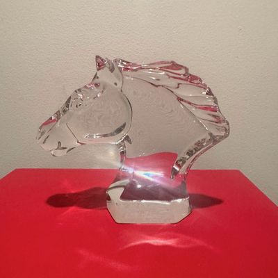 Sale Photo Thumbnail #74: BACCARAT (French) -- "Tete de Cheval" Clear Crystal Horse Head Sculpture, Signed, with Original Box