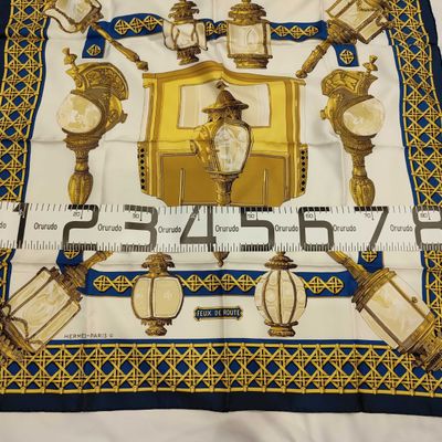 Sale Photo Thumbnail #544: Vintage Hermes Feux de Route Navy and Gold Silk Carre 90