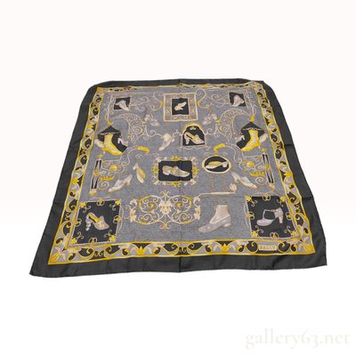 Sale Photo Thumbnail #315: Vintage Bally Historic Footwear Gray and Gold Silk Scarf 90 cm
