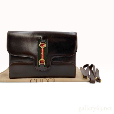 Sale Photo Thumbnail #563: Vintage Gucci Web Horsebit Brown Leather Convertible Clutch Bag with Dust Bag