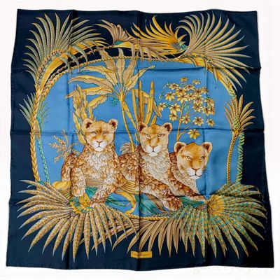 Sale Photo Thumbnail #279: Salvatore Ferragamo Lion Cub Motif Navy and Light Blue Silk Scarf 90 cm with Box