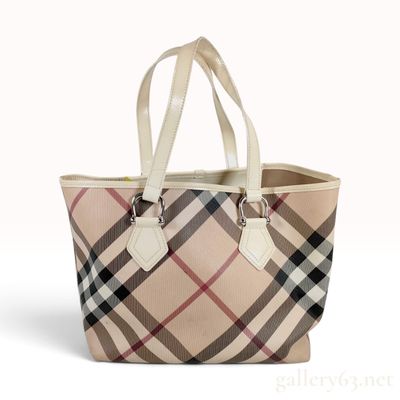 Sale Photo Thumbnail #8: Burberry Nova Check Cream Patent Leather Trim Tote Bag