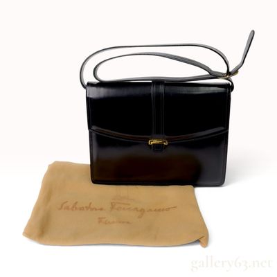 Sale Photo Thumbnail #235: Vintage Salvatore Ferragamo Black Box Calf Leather Shoulder Bag with Dust Bag