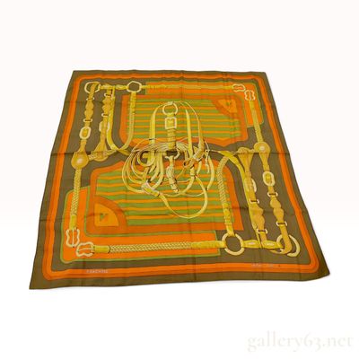 Sale Photo Thumbnail #302: Vintage Hermes Coaching Silk Carre 90 in Orange and Olive Green