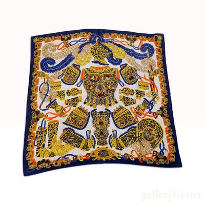 Sale Photo Thumbnail #520: ** A Vintage Hermes Sous l'Egide de Mars Silk Scarf 90 cm

**Detailed Description:**
This is a vintage Hermes silk scarf in the Sous l'Egide de Mars (Under the Aegis of Mars) pattern, originally designed by Pierre Marie in 2013. The intricate design featu