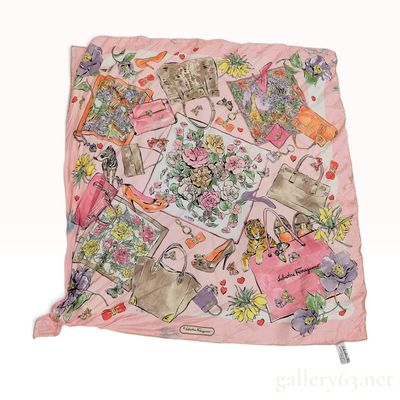 Sale Photo Thumbnail #259: Salvatore Ferragamo Accessories and Floral Motif Pink Silk Scarf 66cm
