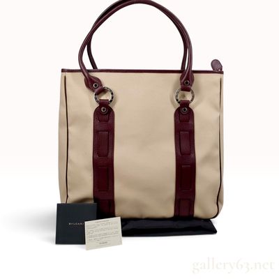 Sale Photo Thumbnail #392: Bulgari Beige Canvas and Burgundy Leather Tote Bag with Certificate