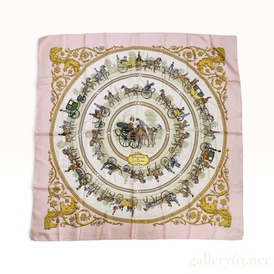 Sale Photo Thumbnail #568: Vintage Hermes La Promenade de Longchamps Pink Silk Carre 90