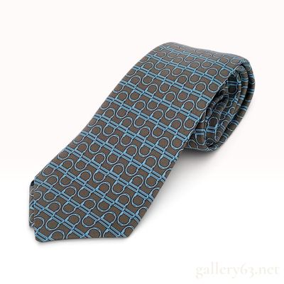 Sale Photo Thumbnail #332: Hermes 5587 MA Blue and Taupe Silk Necktie with Box