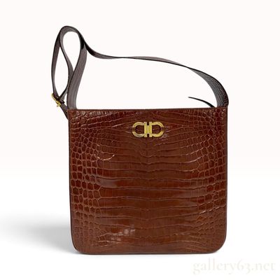 Sale Photo Thumbnail #469: Vintage Salvatore Ferragamo Gancini Dark Brown Crocodile Skin Shoulder Bag