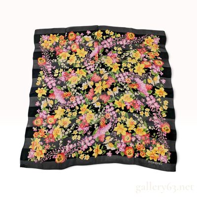Sale Photo Thumbnail #454: Vintage Yves Saint Laurent Floral Striped Black Silk Scarf 90 cm