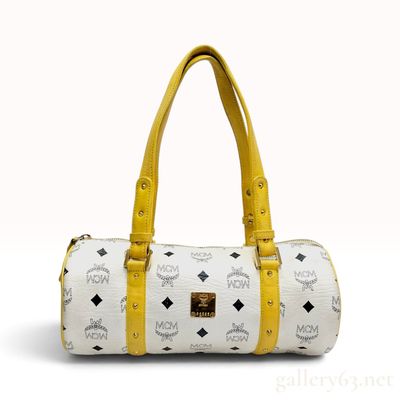 Sale Photo Thumbnail #529: MCM Visetos White and Yellow Coated Canvas Mini Boston Bag