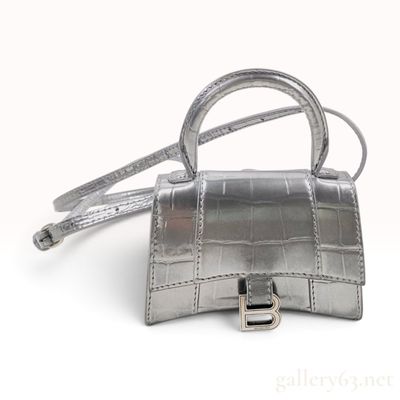 Sale Photo Thumbnail #16: Balenciaga Hourglass XS Silver Metallic Croc-Embossed Calfskin Top Handle Bag