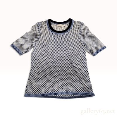 Sale Photo Thumbnail #354: Tory Burch Textured Dot Blue and Cream 100% Merino Wool Short Sleeve Top Small