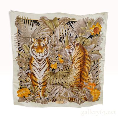 Sale Photo Thumbnail #400: Salvatore Ferragamo Tiger and Tropical Foliage Neutral Silk Scarf 90 cm