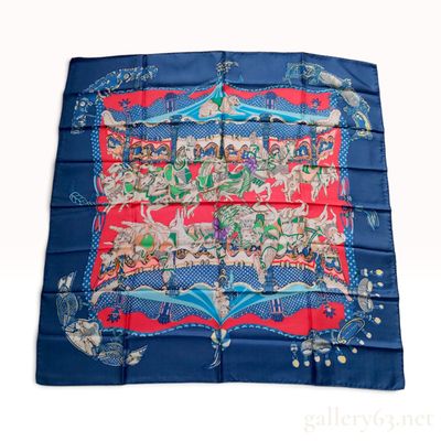Sale Photo Thumbnail #286: Vintage Hermes Luna Park Silk Carre 90 in Navy and Red