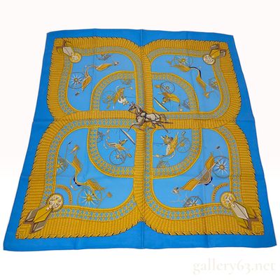 Sale Photo Thumbnail #223: Vintage Hermes Voitures Paniers Blue and Gold Silk Carre 90