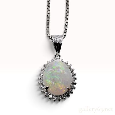 Sale Photo Thumbnail #493: Platinum 1.36ct Opal and 0.25ctw Natural Diamond Halo Pendant Necklace