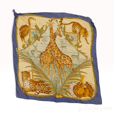 Sale Photo Thumbnail #390: Salvatore Ferragamo Safari Animal Motif Navy Blue Silk Scarf 90 cm