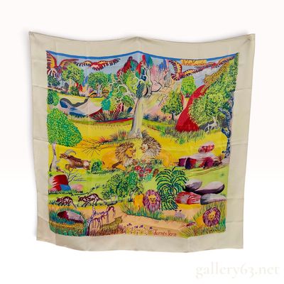 Sale Photo Thumbnail #384: Vintage Hermes Nuba Mountain Multicolor Silk Carre 90