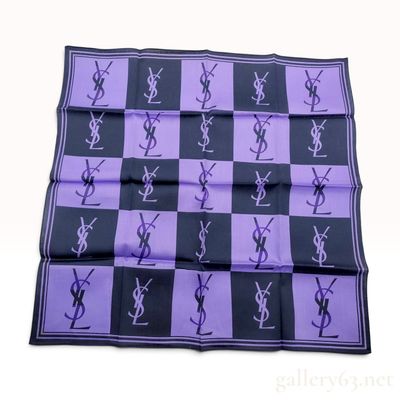 Sale Photo Thumbnail #565: Vintage Yves Saint Laurent Monogram Checkerboard Purple and Navy Scarf 56 cm