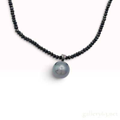 Sale Photo Thumbnail #342: Sterling Silver 10mm Tahitian Pearl and Black Spinel Bead Pendant Necklace