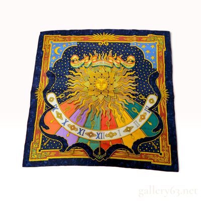Sale Photo Thumbnail #519: Vintage Hermes Carpe Diem (Seize the Day) Navy Multicolor Silk Carre 90