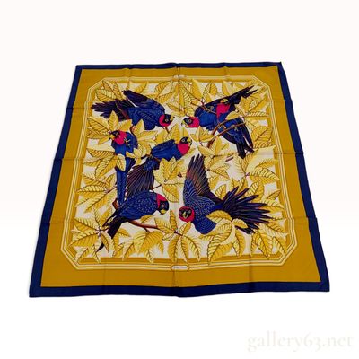 Sale Photo Thumbnail #349: Vintage Hermes Les Perroquets Silk Carre 90 in Yellow and Blue