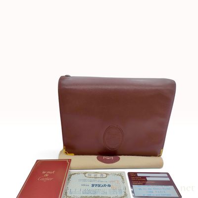 Sale Photo Thumbnail #98: Vintage Cartier Must Line Burgundy Calfskin Clutch Bag with Accessories